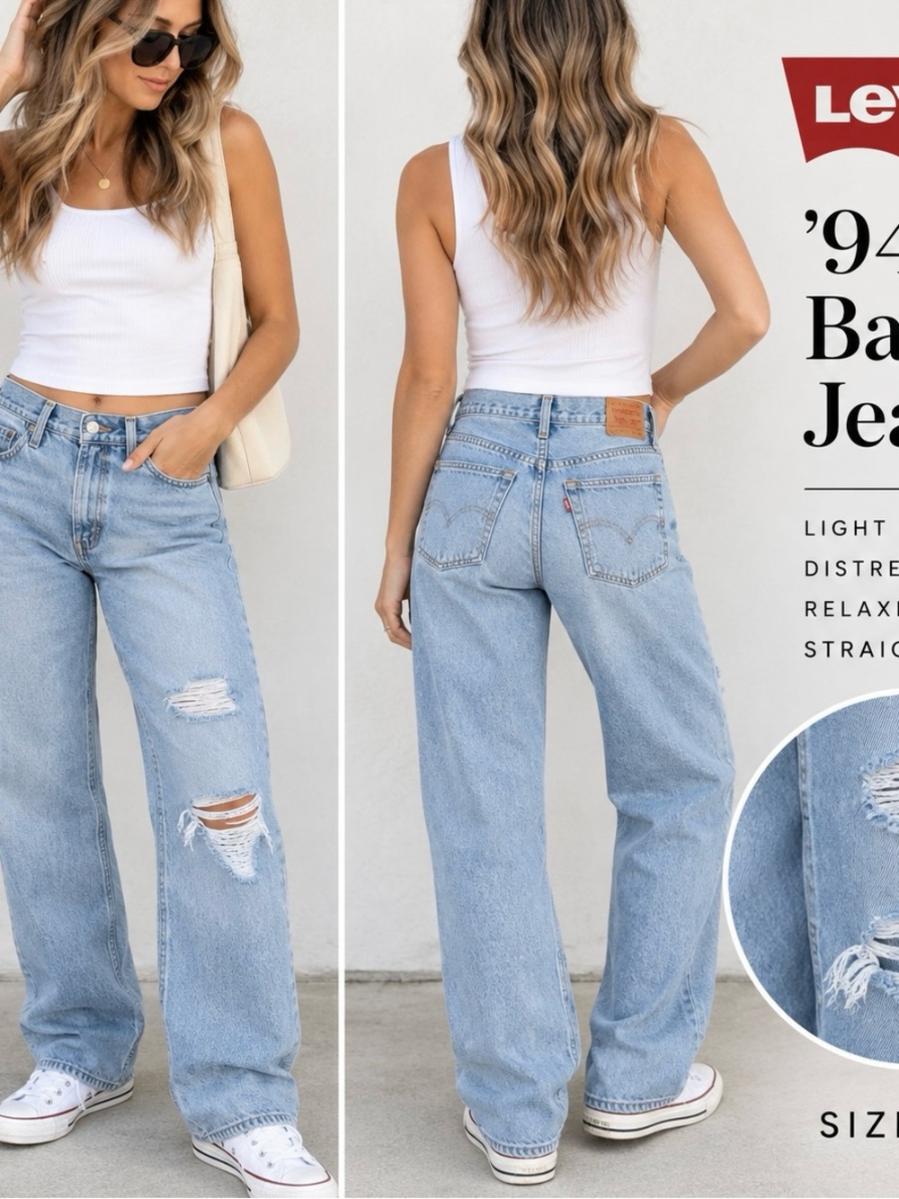 Levi’s ’94 Baggy Jeans 27 Light Wash Distressed Ripped Straight Leg